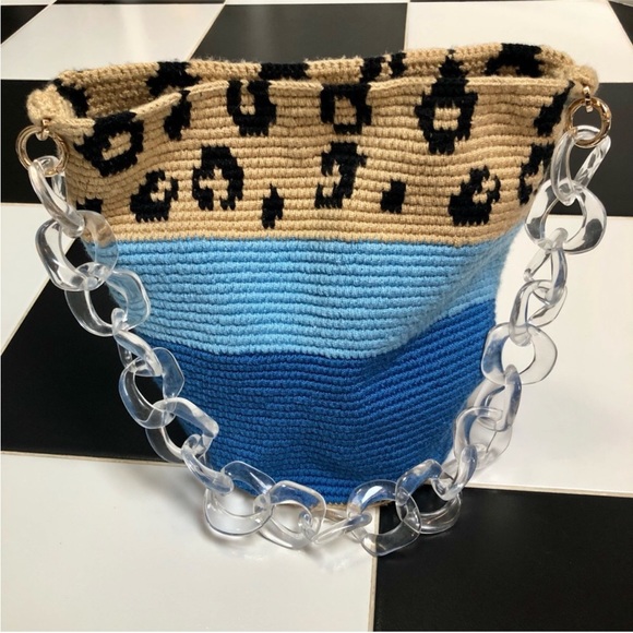 Soraya Hennessy Bucket Bag Colorblock Tote Tan Blue Leopard Print Lucite Strap - Picture 6 of 12